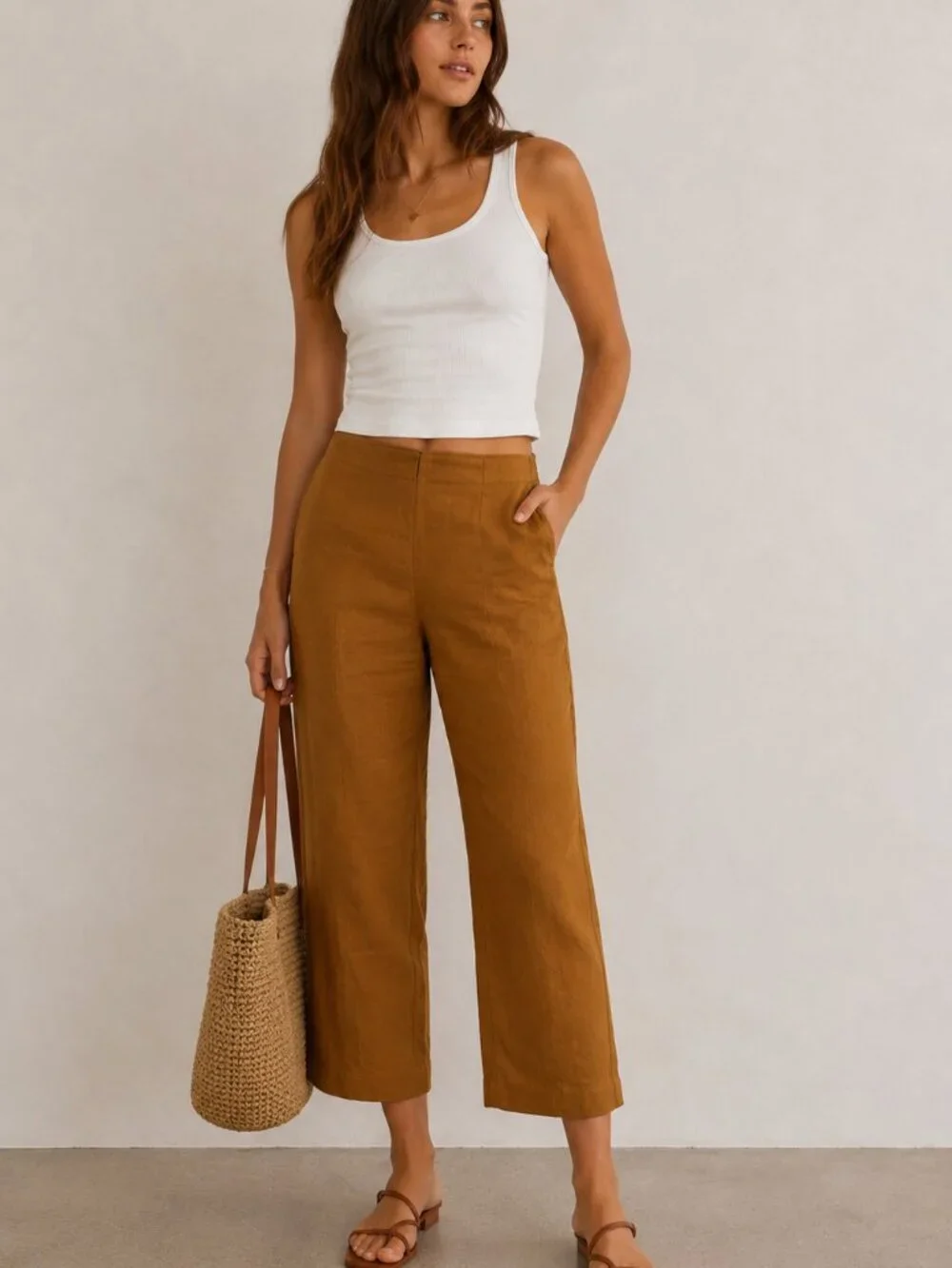 Reformation Brown 100% Linen Cropped Straight Leg Pants 0